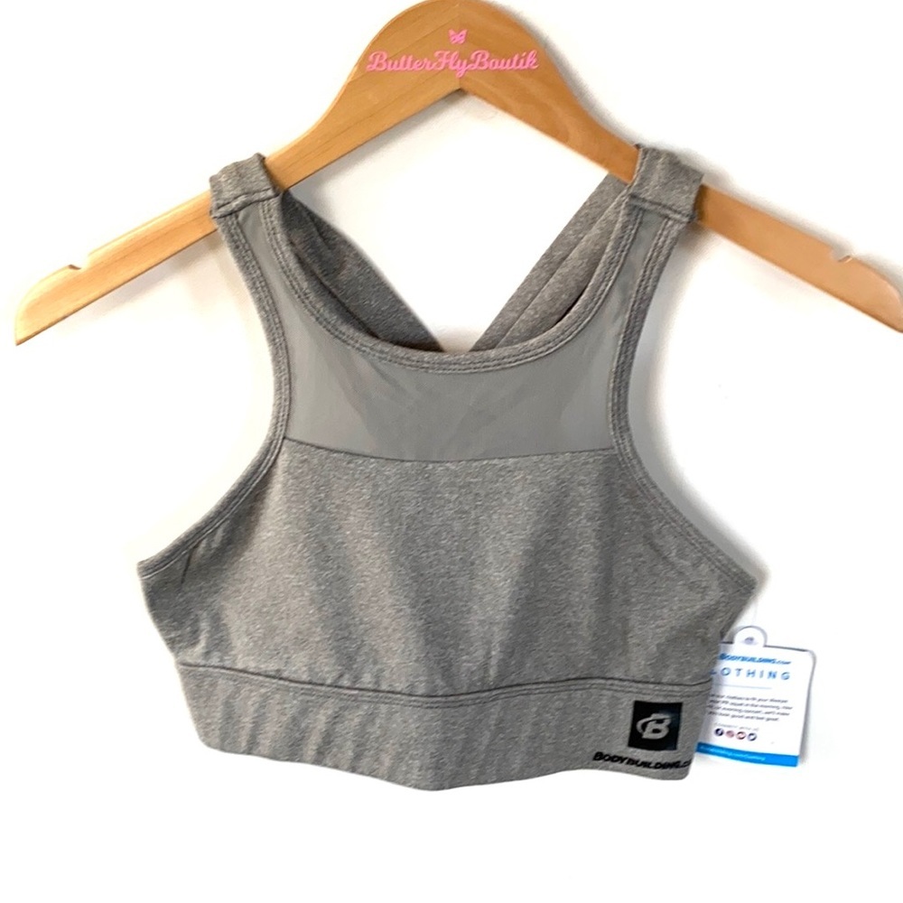 Bodybuilding.com gray crisscross back Mesh top half sports bra, Size M, NWT